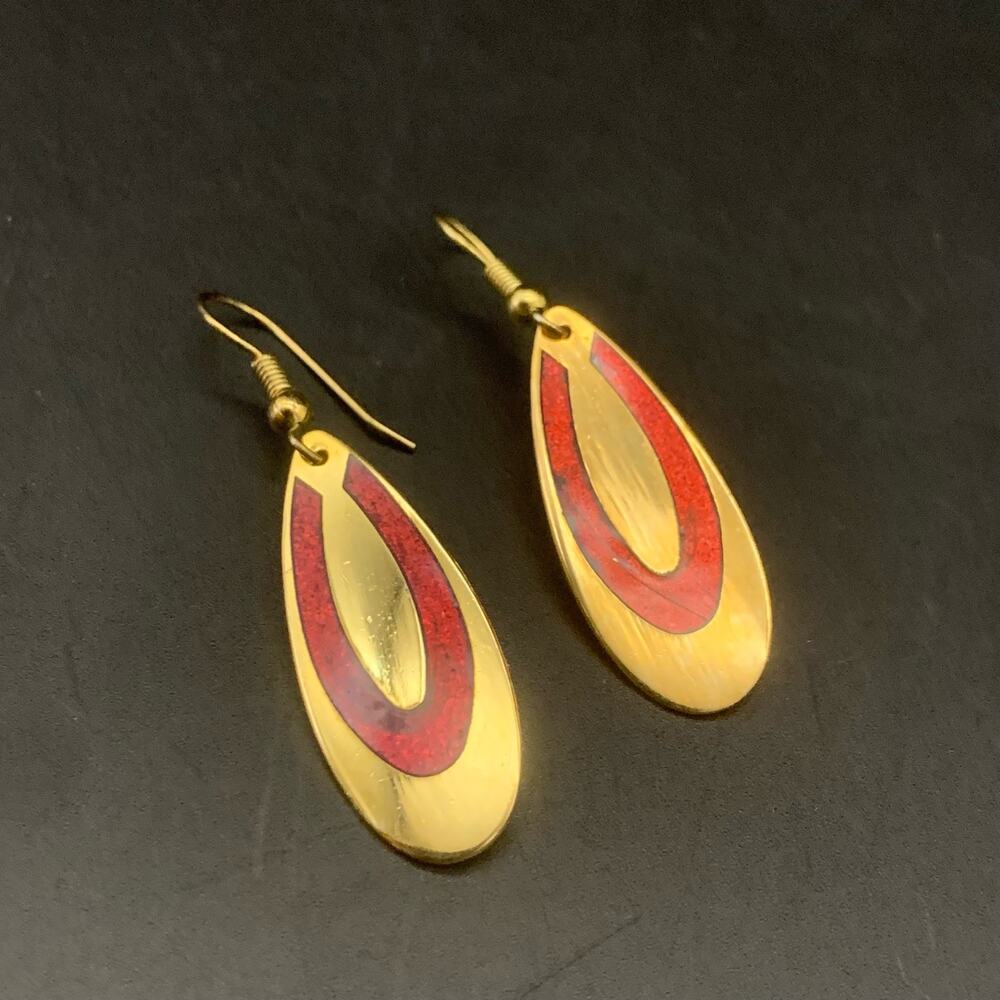Vintage Red Enamel Gold Dangle Drop Earrings